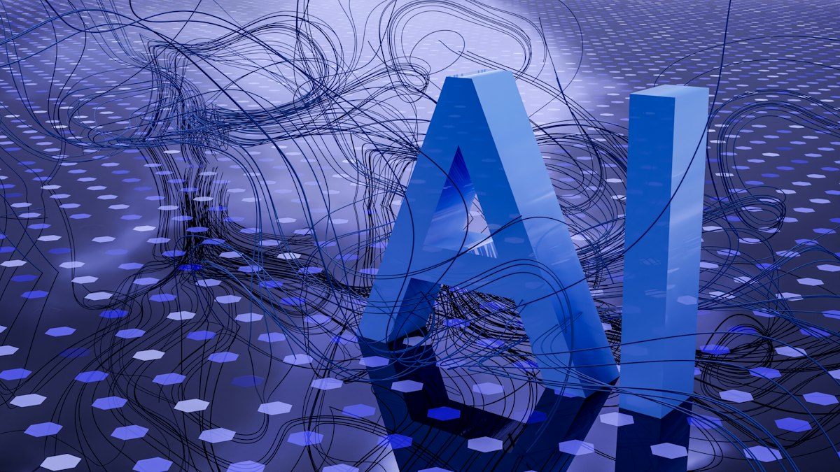 Generic stock illustration — abstract blue "AI" letters in 3D with flowing line-work over a dotted backdrop — decorative artwork for this GPT-6.1 Sol launch coverage, not an official OpenAI graphic